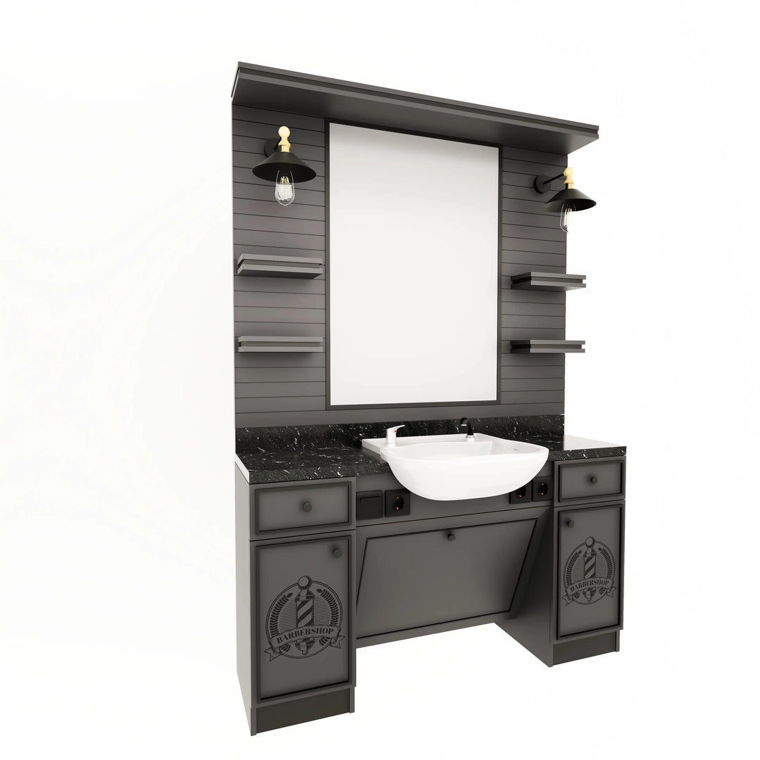 Barberarstation i Elegant Antracitgrå med Svart Marmorbänkskiva BarberCity