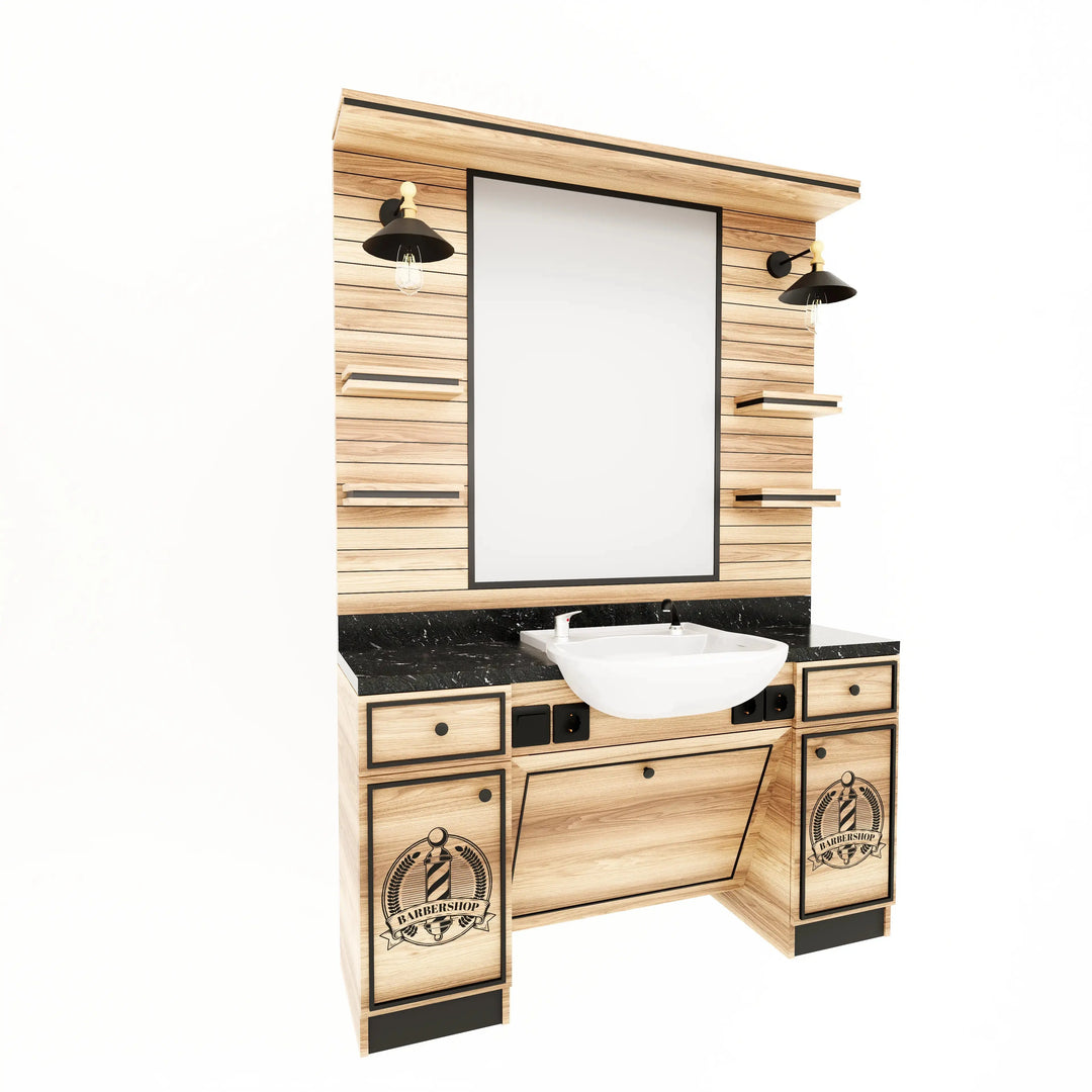 Barberarstation i Ljus Ek med Svart Marmorbänkskiva BarberCity