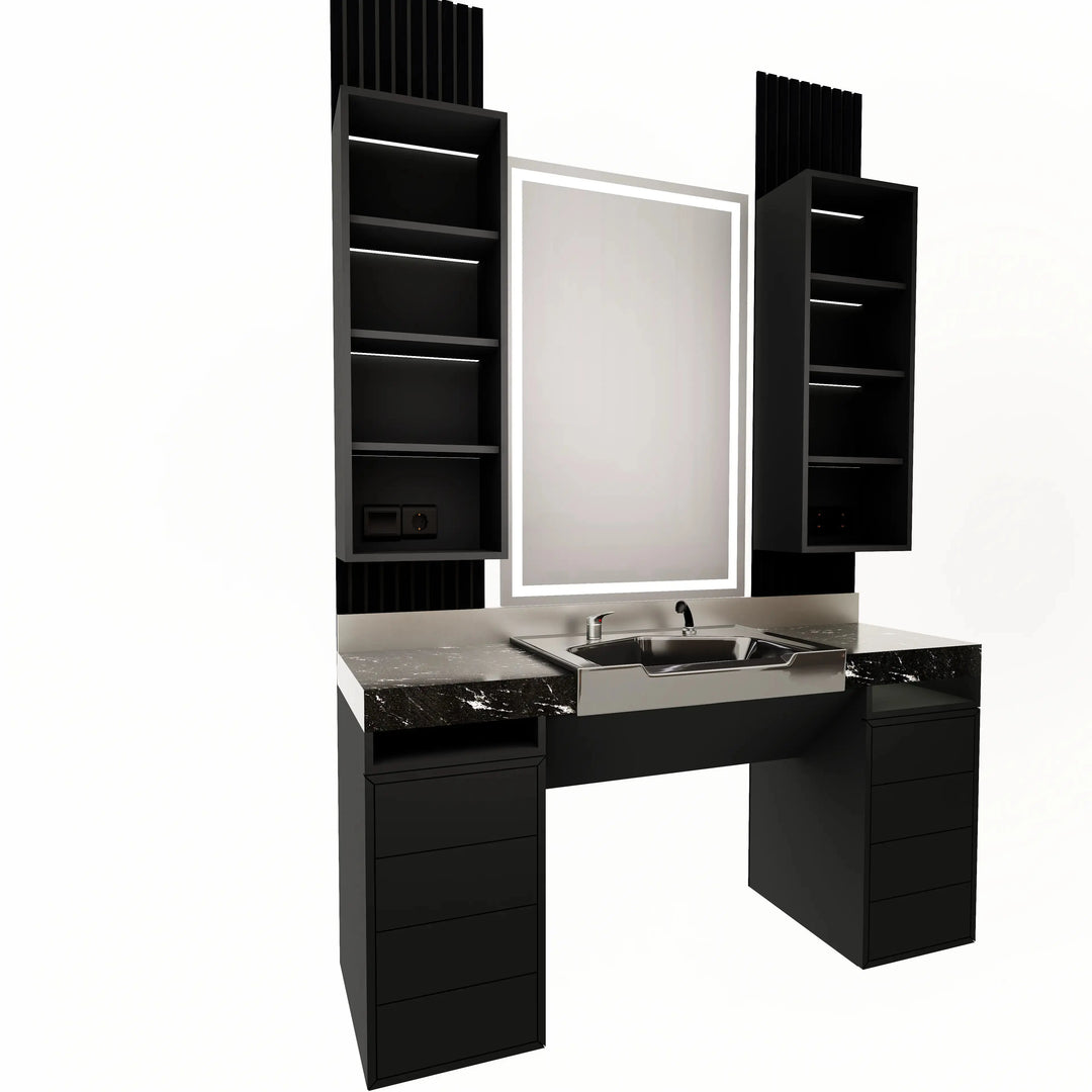 Barberarstation i Svart med Dubbla Hyllmoduler BarberCity