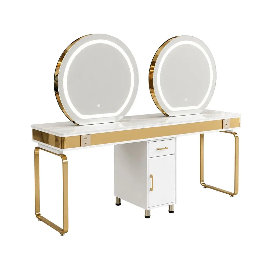 Dubbel Frisörstation Vit & Guld Klipp&Trim