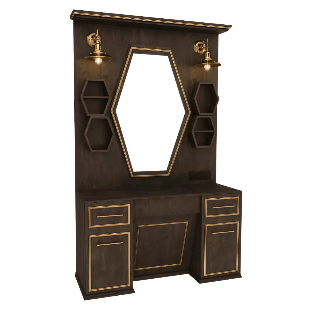 Barberarstation i Mörkbrunt Trä &amp; Guld BarberCity